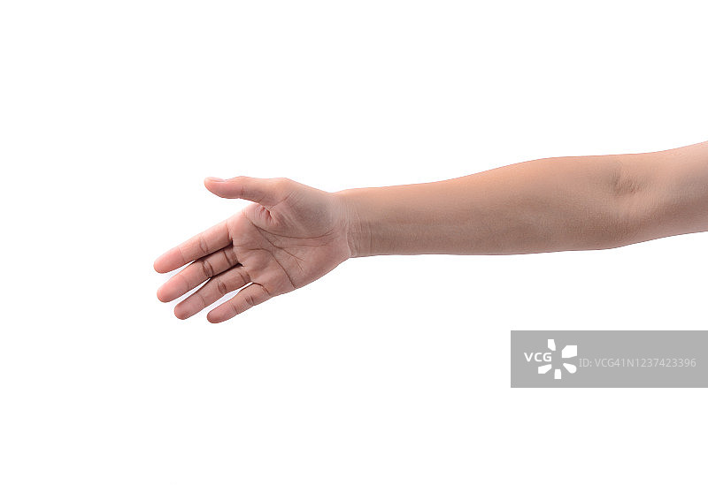 女人伸出手来握手孤立在一个白色的背景。女人的手准备握手图片素材