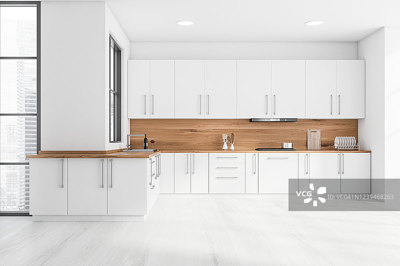 白色和木制的厨房内部与台面图片素材