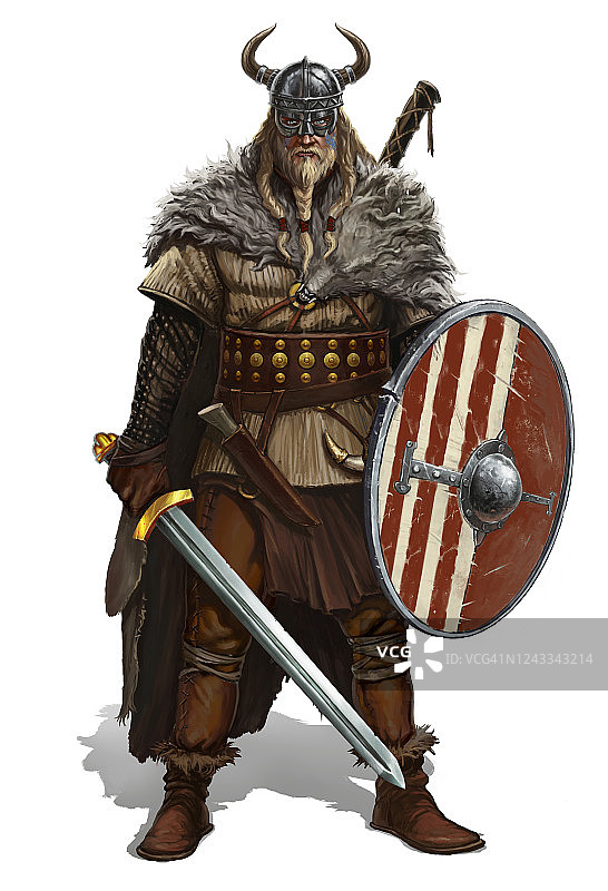 海盗与剑和盾牌在白色的现实插图图片素材