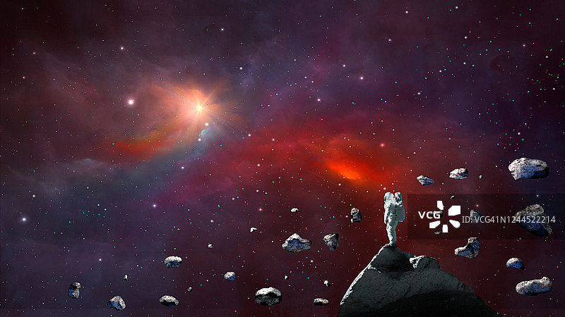 空间背景。宇航员站在岩石与小行星带和彩色星云。图片素材