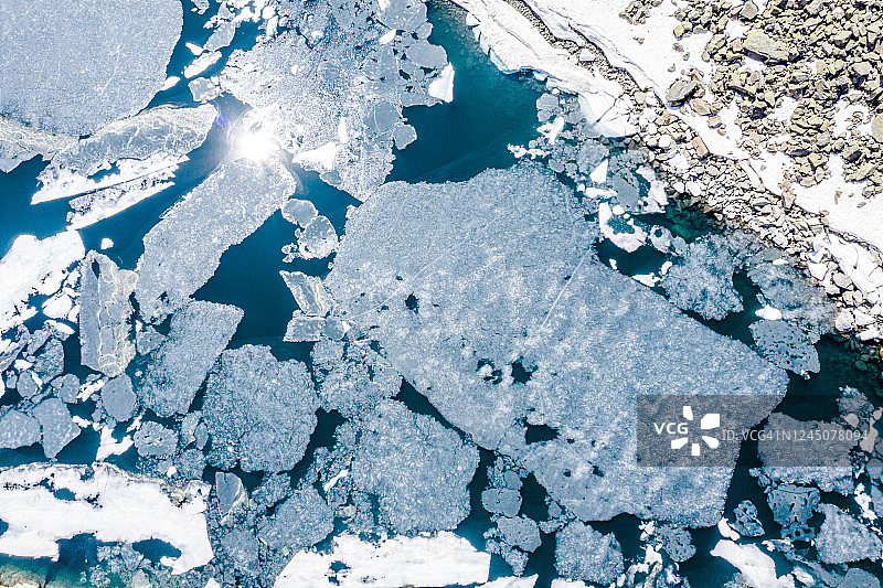 在夏季解冻期间皮罗拉湖的抽象细节的空中天顶图。图片素材