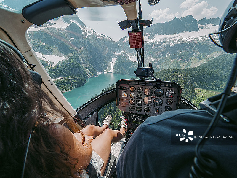驾驶舱内的年轻女性和男性在一架直升机上飞过冰川补给的山湖图片素材