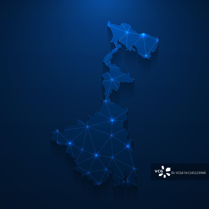 西孟加拉邦地图网络-明亮的网格在深蓝色的背景图片素材