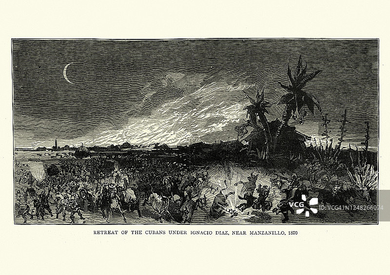 在伊格纳西奥·迪亚兹的领导下，古巴人在曼萨尼约附近撤退，1870年图片素材