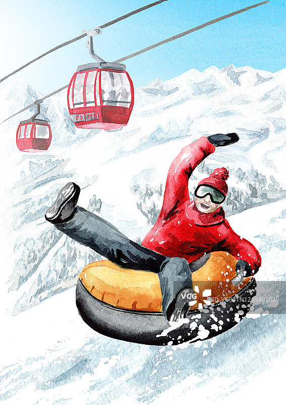 快乐微笑的年轻人在雪管对索道下山，索道滑雪度假村，冬季娱乐和度假的概念。手绘水彩插图图片素材