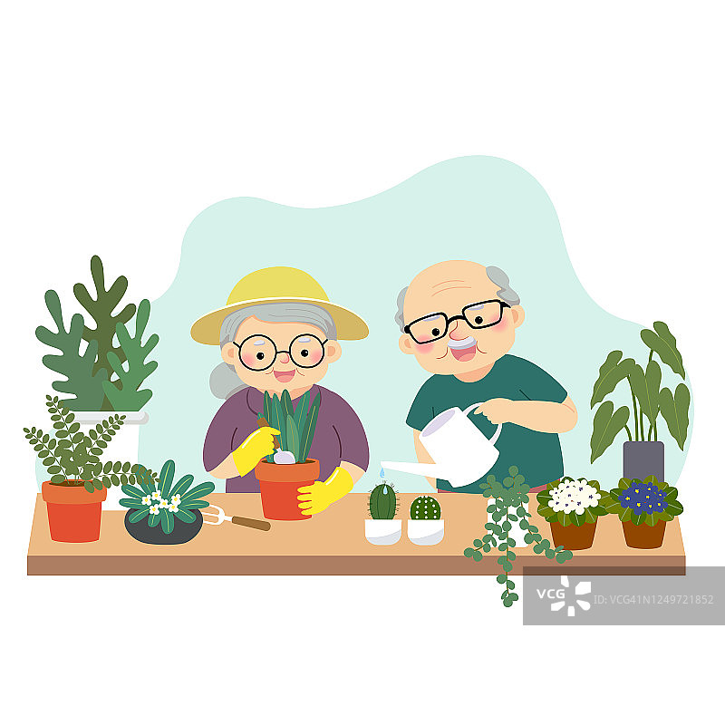 矢量插图的卡通快乐的老夫妇园艺和浇灌植物在家里。家庭享受时间在家的概念。图片素材