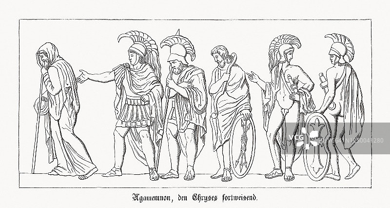 阿伽门农轻视克罗伊斯，特洛伊战争，木刻，1868年出版图片素材
