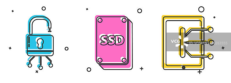 在数字电路板、SSD卡和平板电脑图标上设置锁定。向量图片素材