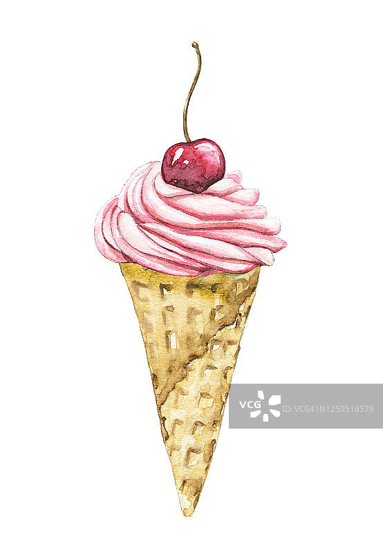 水彩粉色冰淇淋，华夫蛋筒和樱桃图片素材