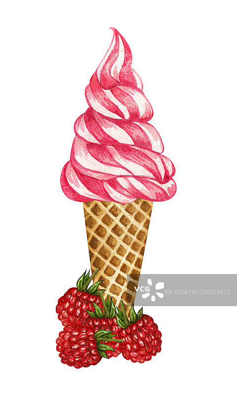 水彩覆盆子冰淇淋蛋筒孤立在白色背景。手绘插图新鲜的树莓和粉红色的冰淇淋在华夫蛋筒。图片素材