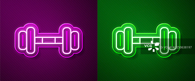 发光的霓虹灯线哑铃图标孤立在紫色和绿色的背景。肌肉举重偶像，健身杠铃，健身房，运动器材，运动大哑铃。矢量图图片素材