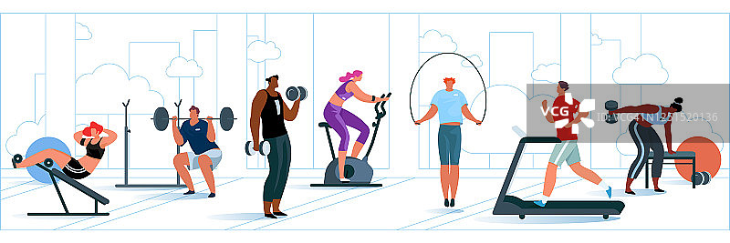 人们在现代化的体育馆里锻炼。男女运动员在训练器械上进行各种各样的体育锻炼。喜欢体育活动。矢量平面插图集。图片素材