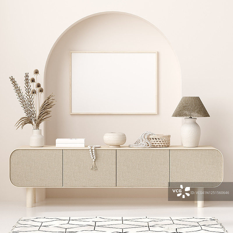 模型框架在室内背景，房间在轻柔和的颜色，Scandi-Boho风格图片素材