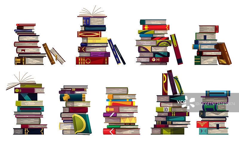 以白色为背景的彩色书籍的集合。成堆的教育书籍向量。知识的概念。读书，学习，通过书籍接受教育图片素材