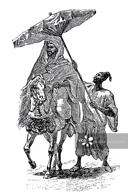 黑奴隶用阳伞保护骑着的苏丹图片素材