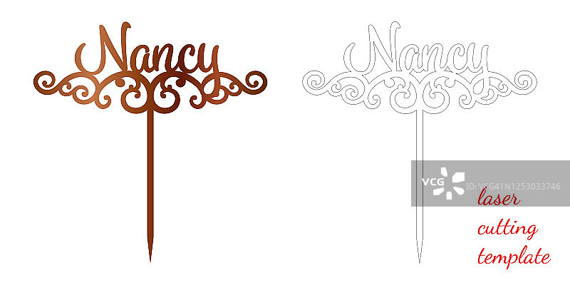 用激光或铣削切割的蛋糕顶部签名“南希”。切割用于装饰设计。高档的名称。节日问候。优雅的装饰。激光切割。孤立的设计元素。图片素材