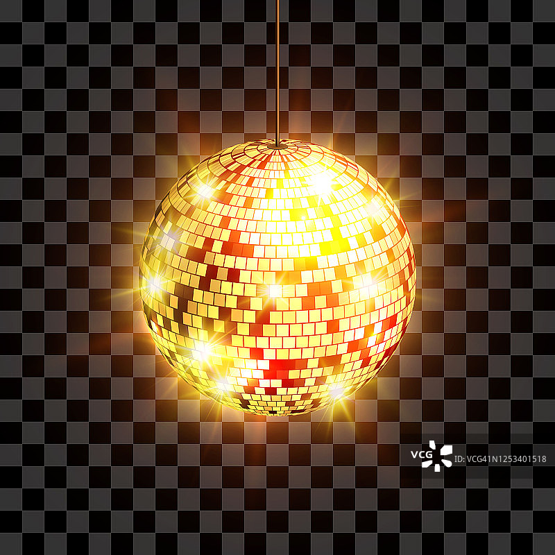 金色迪斯科球与光线隔离在透明的背景。矢量插图。图片素材