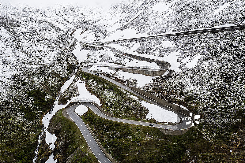 瑞士阿尔卑斯山瓦莱州和提契诺之间被雪覆盖的Nufenen通道。图片素材
