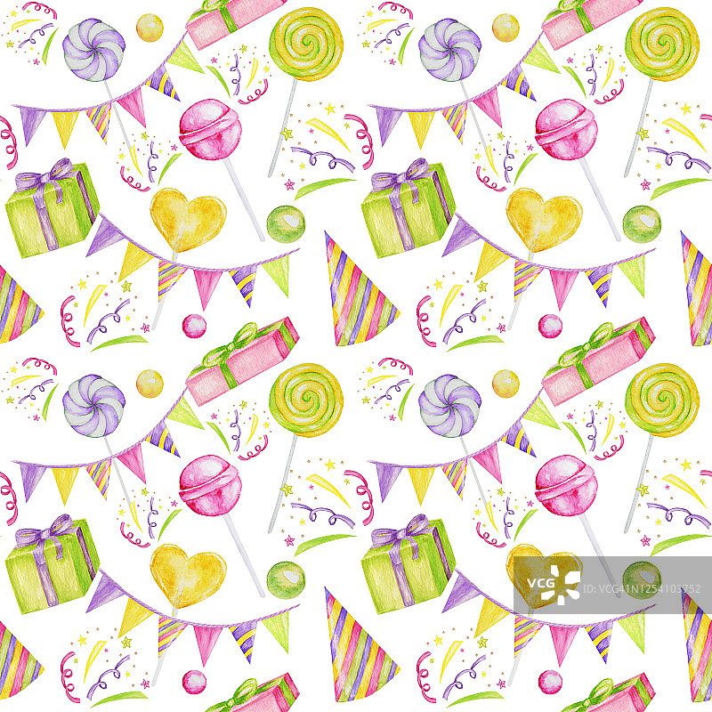 节日无缝图案彩色糖果，纸杯蛋糕，气球，礼物，五彩纸屑，星星，嘉年华帽。生日快乐或聚会贺卡，剪贴簿，织物，纹理，礼物纸的概念图片素材