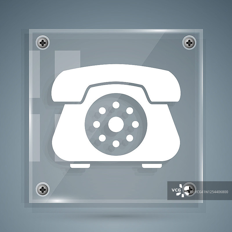 白色电话图标孤立在灰色背景。固定电话。方形玻璃面板。矢量图图片素材