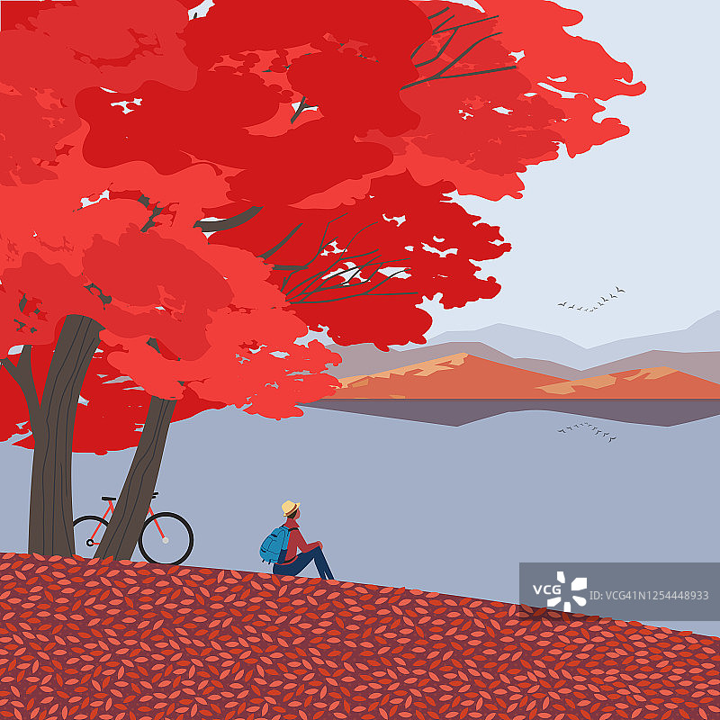 秋山湖景观平面色向量图片素材
