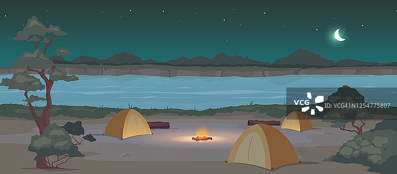 露营地在晚上平坦的颜色矢量插图图片素材