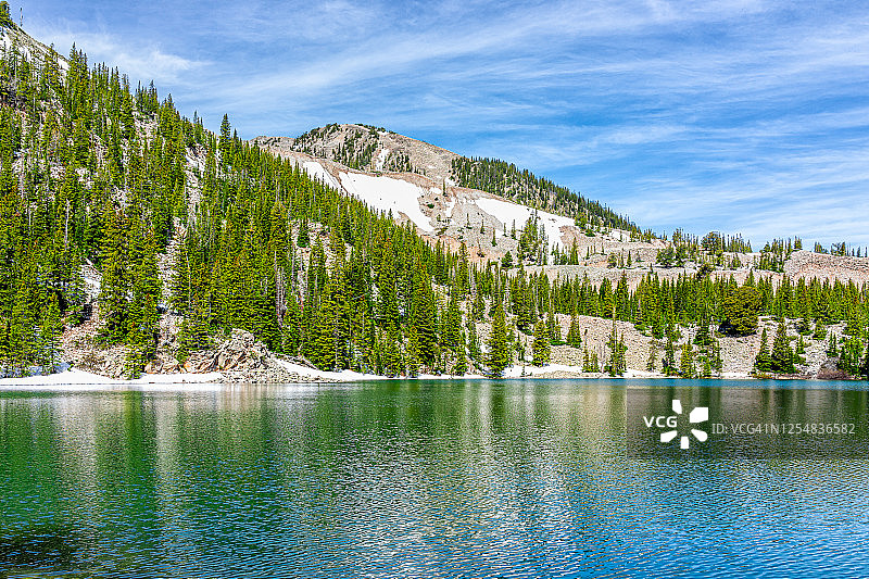 松树林植物和绿色的高山湖泊水反射托马斯湖徒步在山索普里斯，卡本代尔，科罗拉多州的景观图片素材