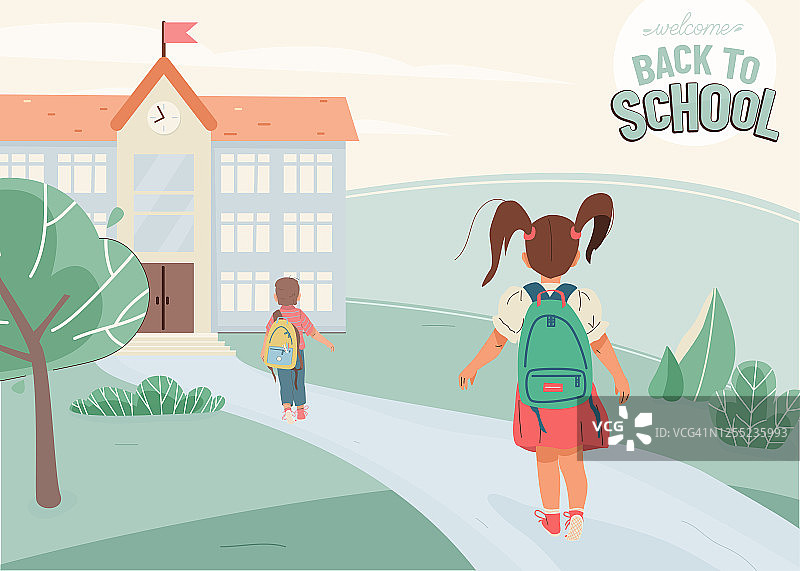 回到学校矢量插图背景与问候文本。小女孩，男孩去教学楼，背影。绿化景观以建筑、道路、植物、树木为主图片素材