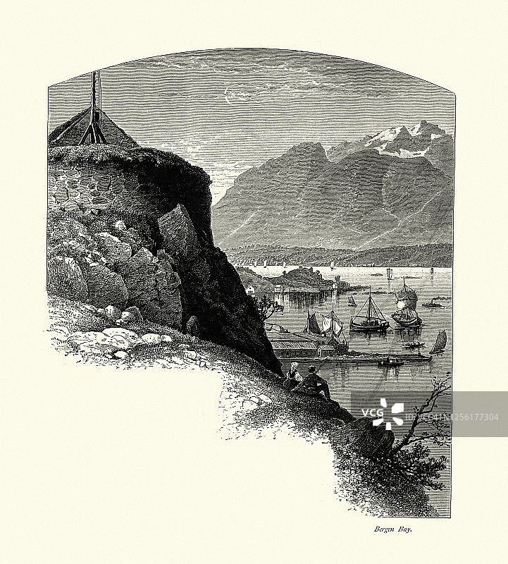 船和山在卑尔根湾，挪威，19世纪图片素材
