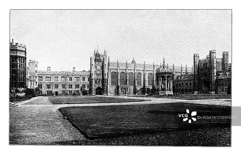 英国剑桥大学三一学院的古老雕刻插图图片素材