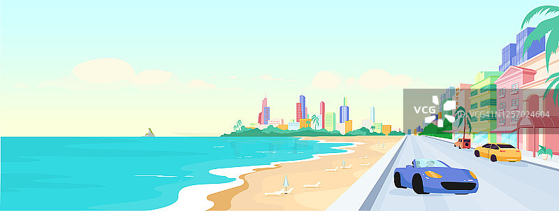 迈阿密海滩在白天的平面颜色矢量插图图片素材