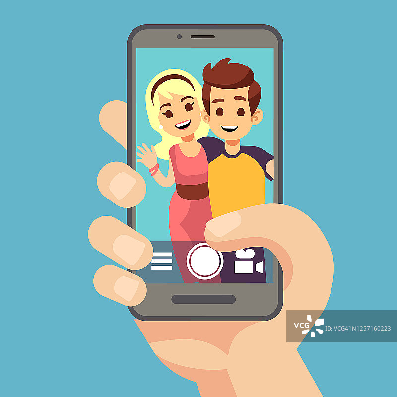 一对年轻夫妇，一个女人，一个男人在用智能手机自拍。手机屏幕上最好朋友的可爱肖像。卡通矢量图图片素材