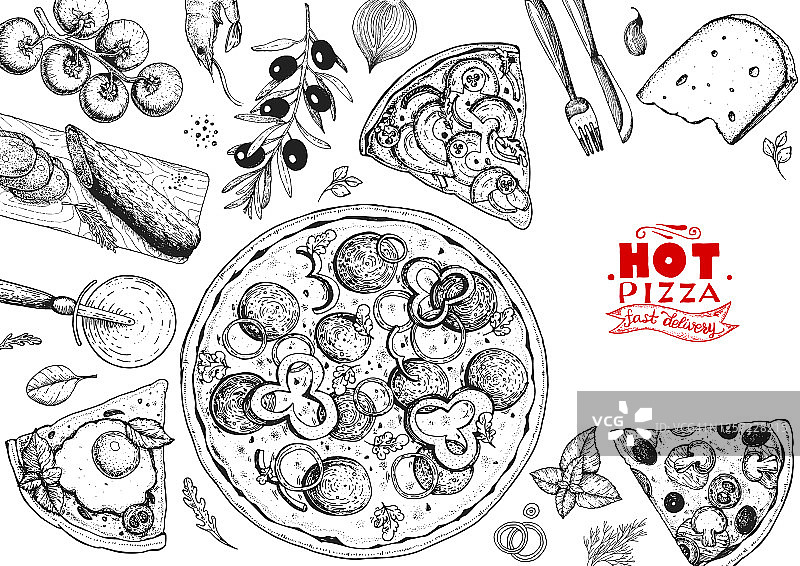 意大利披萨和配料俯视图框架。意大利菜菜单设计模板。复古手绘草图，矢量插图。雕刻风格的插图。菜单上的披萨标签。图片素材
