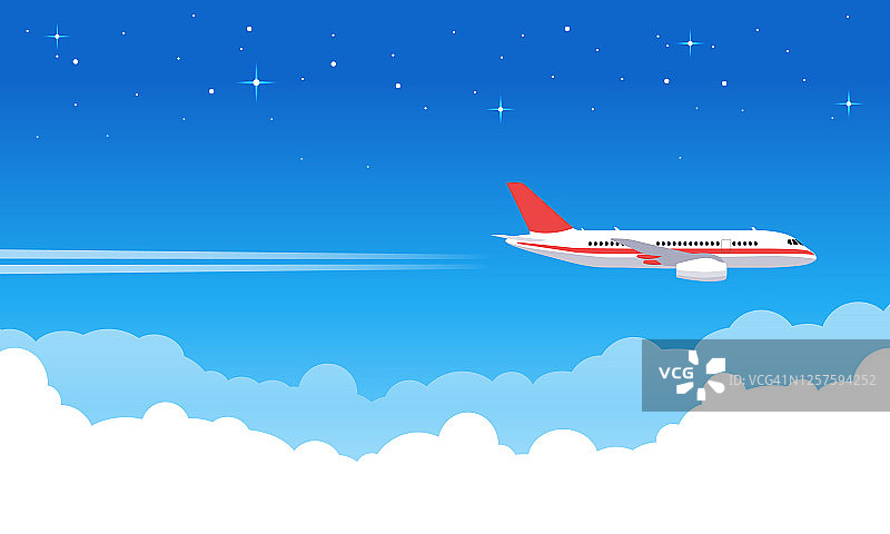 天空的飞机。飞机在蓝天中飞行，喷气式飞机在云中飞行，客机度假或交通出行矢量插图图片素材