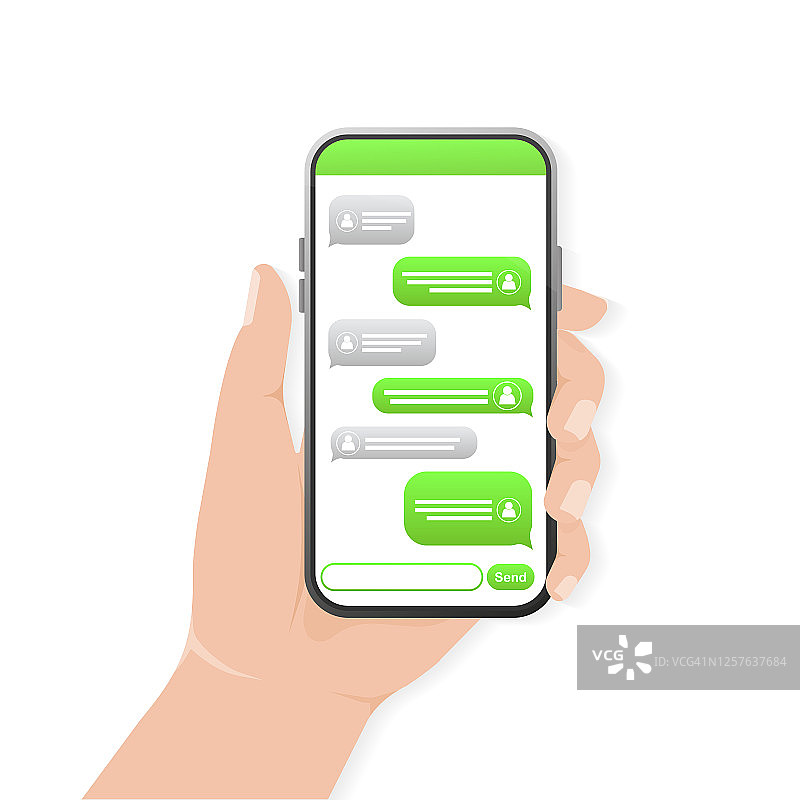 用手聊天屏幕。短信。绿色泡沫聊天。智能手机的屏幕。图片素材