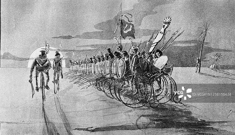 骑着自行车的将军检阅队伍，前面是一排骑着后轮小自行车的士兵图片素材