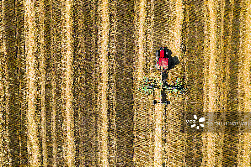 麦田里的拖拉机摘干草机鸟瞰图。图片素材