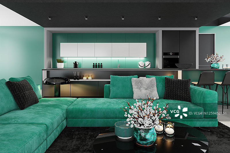 豪华的黑色和绿色的室内客厅与现代极简主义意大利风格的开放空间厨房图片素材
