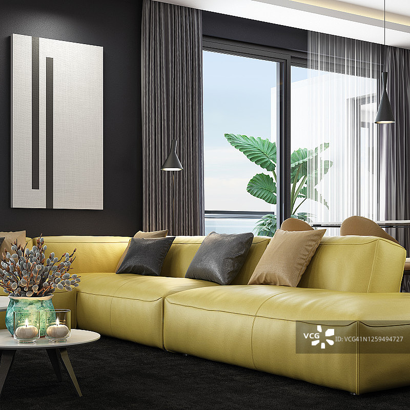 金色的真皮沙发在豪华黑暗的室内客厅与现代极简主义意大利风格的开放式空间厨房图片素材