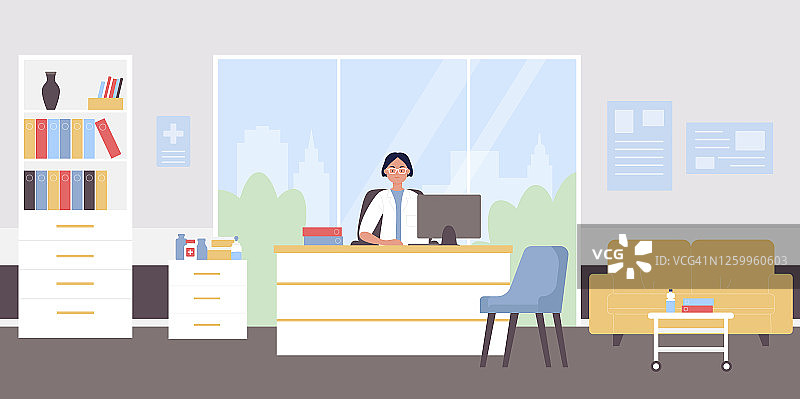 医生预约平面矢量插图，卡通女医生角色坐在博士医疗工作场所背景图片素材
