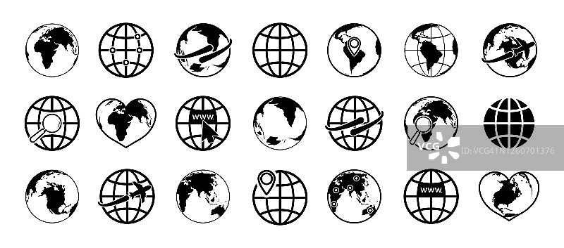 全球的世界。地球图标。全球地图的旅行，网络，互联网，商业。全球物流的标志，位置和放大。行星以心的形式，用箭头和平面环绕。向量图片素材