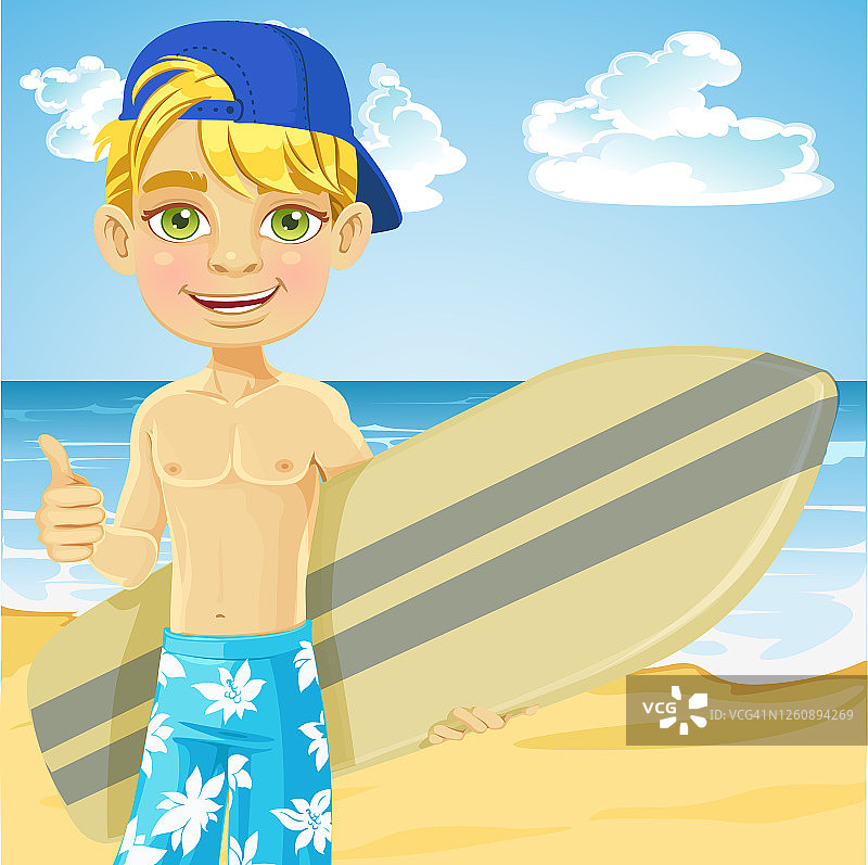 带着冲浪板在阳光沙滩上的男孩图片素材