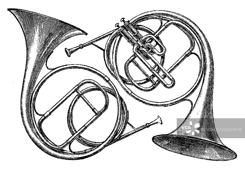 法国圆号铜管乐器的古老雕刻插图图片素材