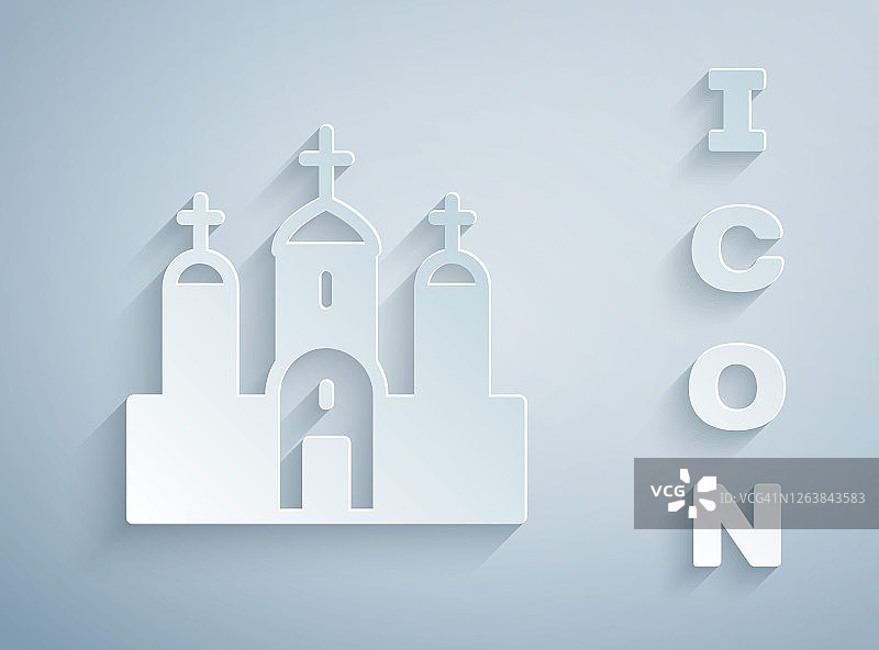 剪纸教堂建筑图标孤立在灰色背景。基督教教堂。宗教的教堂。纸艺术风格。向量图片素材