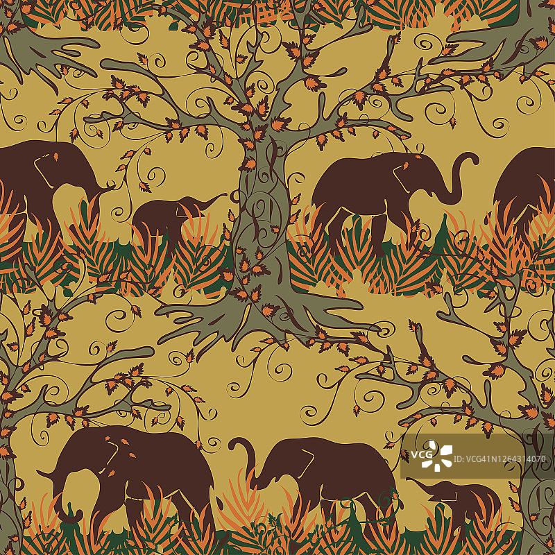 无缝矢量模式与大象轮廓米色背景。非洲动物景观壁纸设计。热带森林时尚纺织品。图片素材