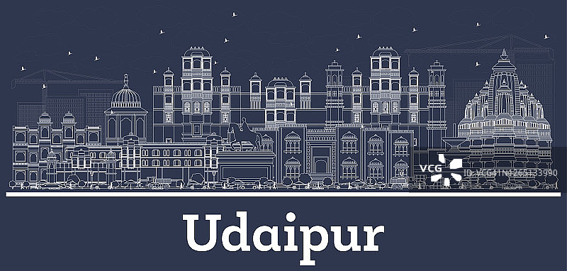 白色建筑勾勒出印度乌代普尔城市天际线。图片素材