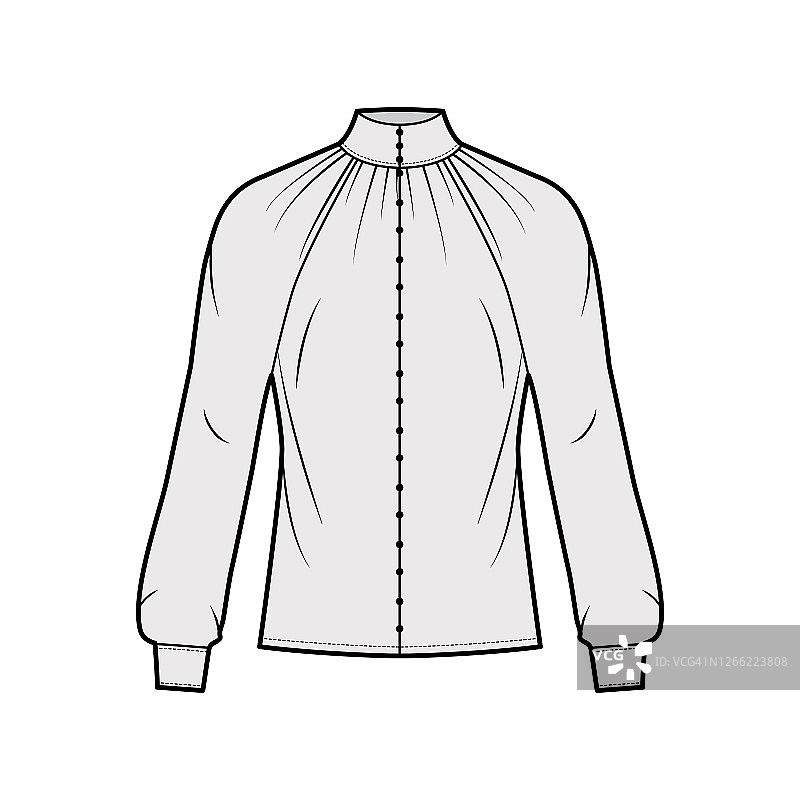 皱边高领衬衫技术时尚插图与长袖，前扣紧固，宽松的轮廓图片素材