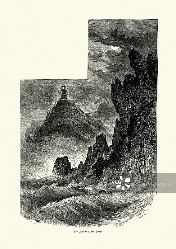 Corbière光，灯塔，月光，岩石，汹涌的大海，泽西，19世纪图片素材