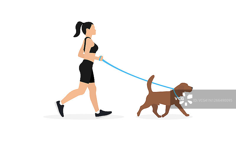 穿着运动服的年轻女子与狗在皮带上跑步，孤立在白色的背景图片素材