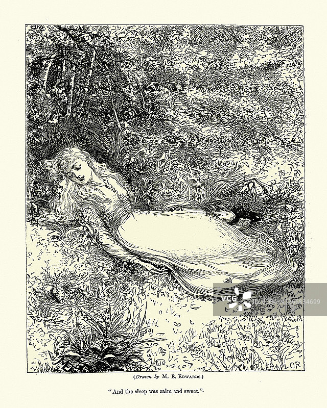 一个年轻女子睡在野外，维多利亚，19世纪图片素材